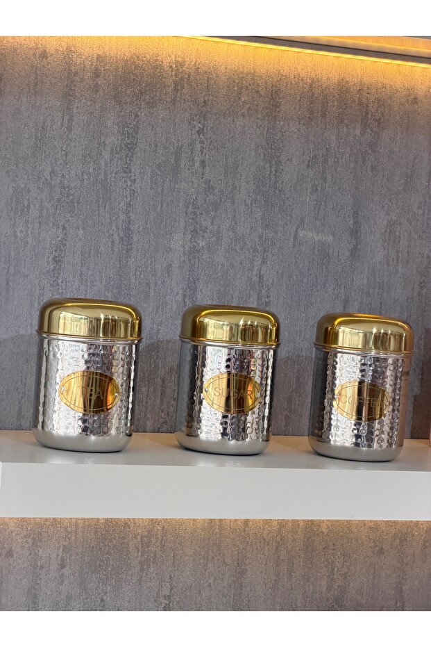 Inoxia Stainless Steel 3-Piece Storage Box for Tea, Sugar, Coffee Silver Gold 10X15 cm