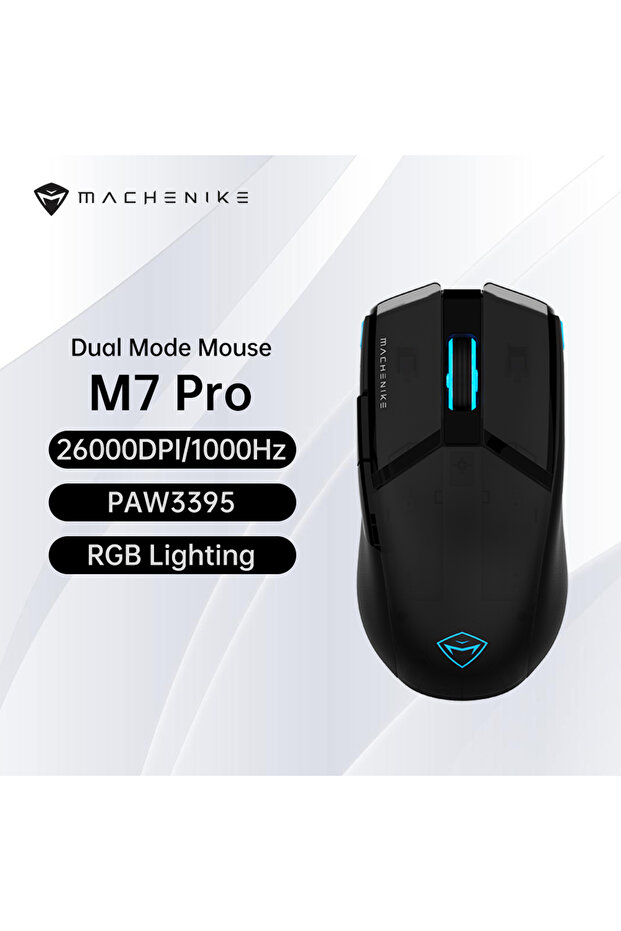 ماوس ألعاب MACHENIKE M7Pro أسود مع مستشعر PAW3395، سلكي/ثلاثي الأوضاع، 26000 نقطة في البوصة، 650IPS، 7 أزرار