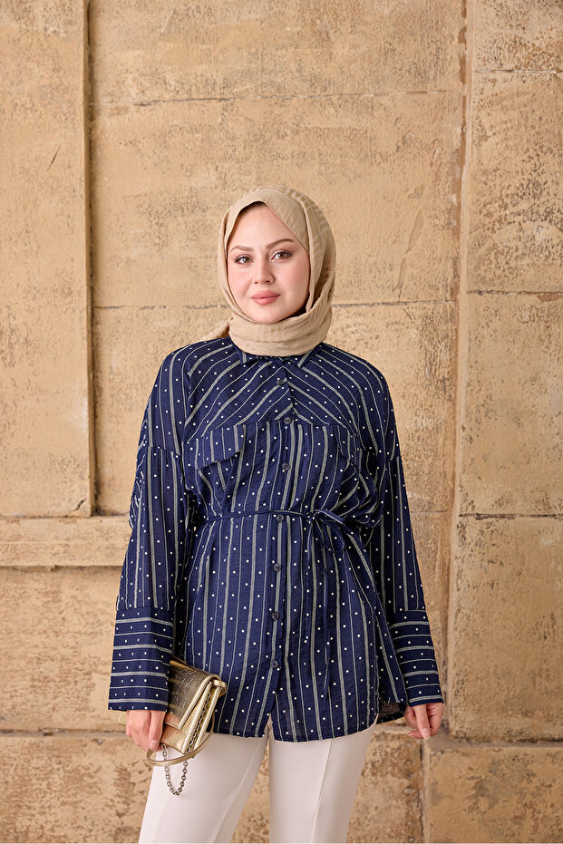 Women's Symmetrical Pattern Waist Tie Shirt Navy Blue