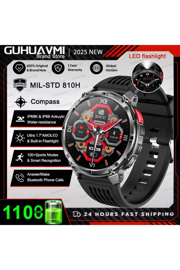 1100mAh Big battery Black 2026 New Outdoor GPS Compass Smart Watch T-Rex3 Built in 1100mAh Battery
