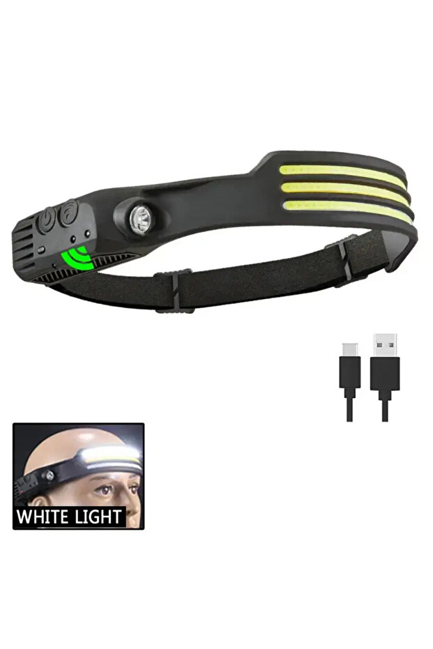 مصباح رأس LED أبيض مع مستشعر حركة، قابل لإعادة الشحن عبر USB، مع بطارية مدمجة، كشاف رأس محمول