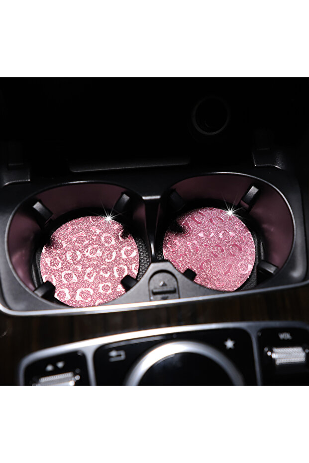 Pink Waterproof Car Cup Holders Pair Glittering TPU Leopard Print Blingbling Style for Car Interiors