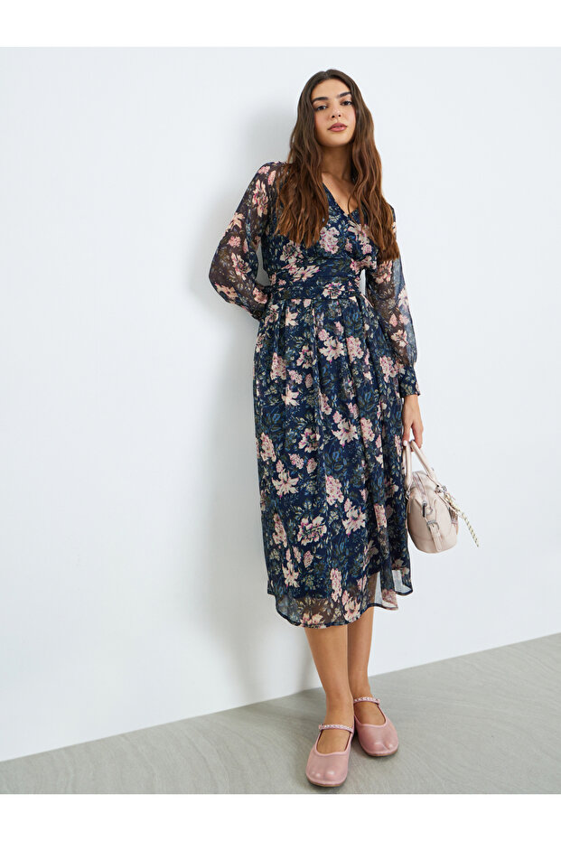 Navy Floral Midi Dress with Long Sleeves