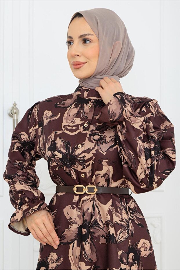 Flower-Patterned Belt-Detail Winter Tunic Dress