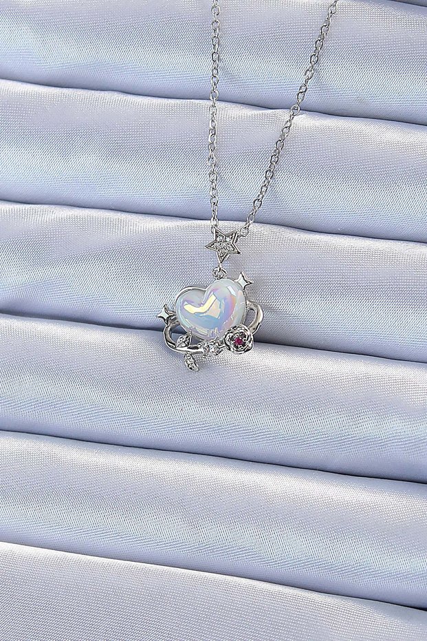 316L Steel Chain Silver Color Zircon Stone Planet Appearance Heart Pendant - Daily Wear Jewelry