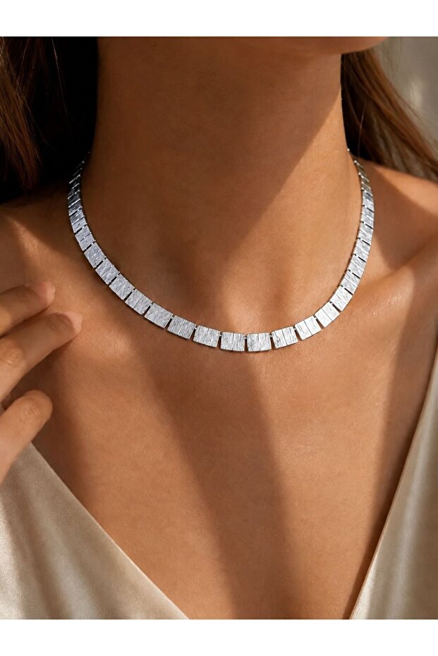 Bohemian Square Large Flake Plate Shaped Silver Color Design Necklace