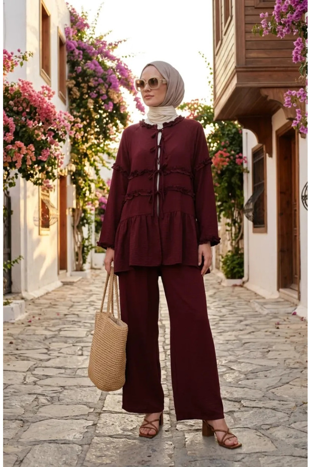 Modal Fabric Ruffled Lace-Up Double Set 2270-04 Claret Red