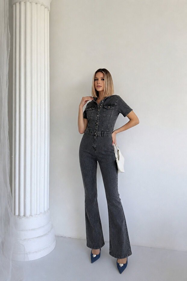 Short Sleeve Black Lycra Flare Spanish Denim Jumpsuit