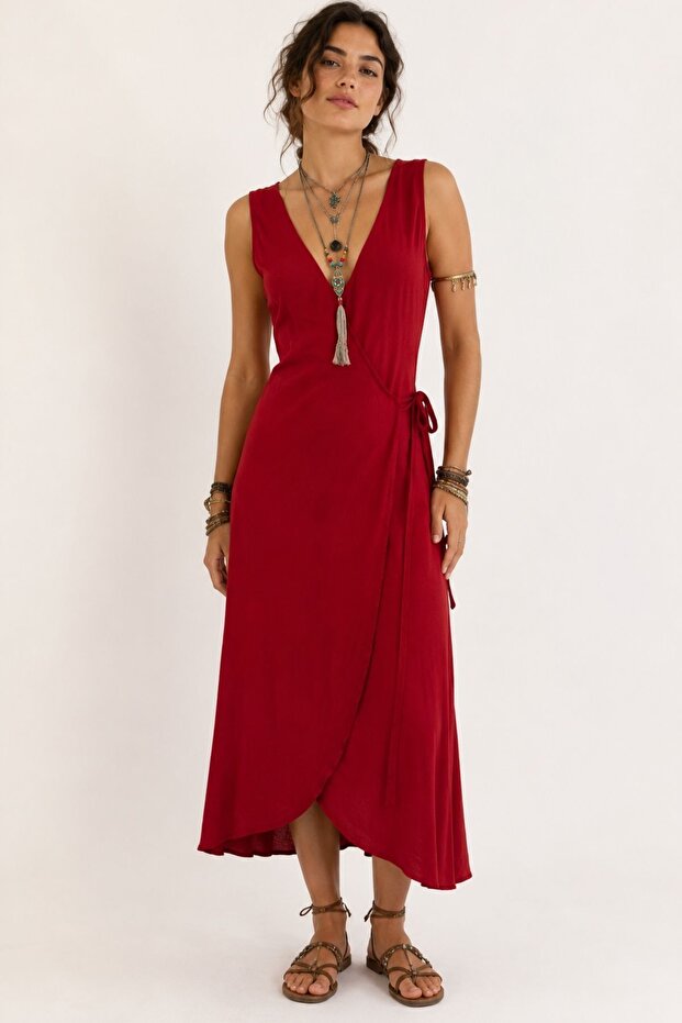 V-Neck Tie Detail Midi Dress Plain Tile