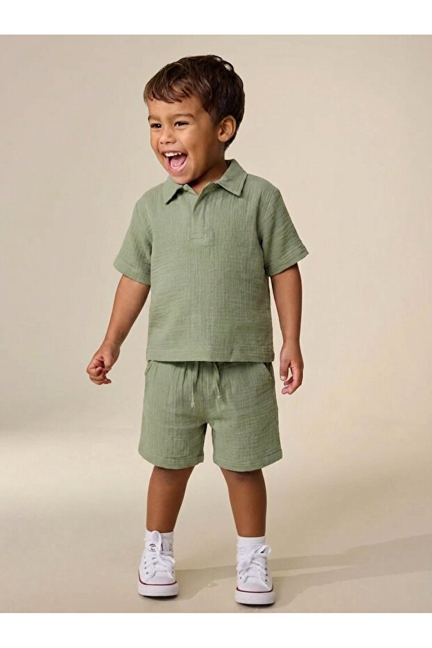 Boy's Muslin Fabric Shirt and Shorts 2-Piece Set Green