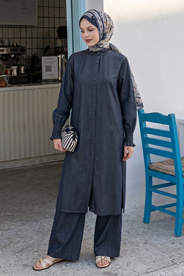 Drawstring Sleeve Tunic Trousers Anthracite Denim Set