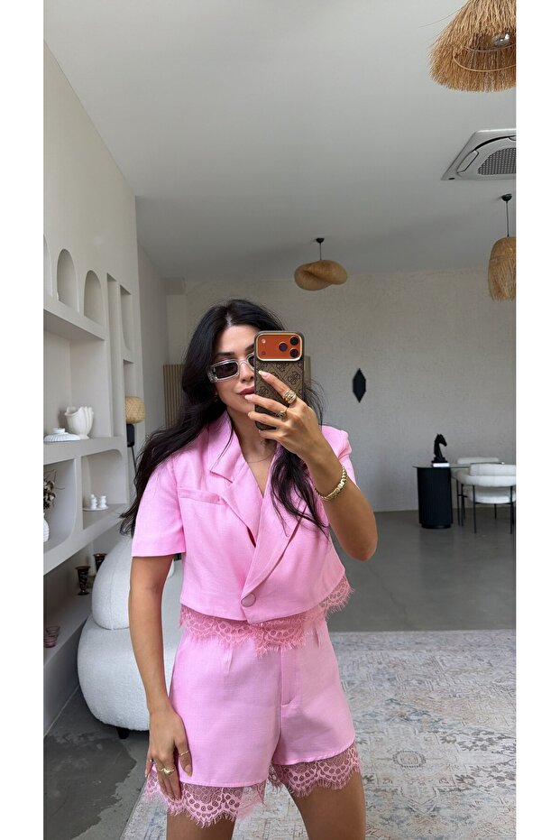 Pink Linen Zr Model Lace Shorts Jacket Set