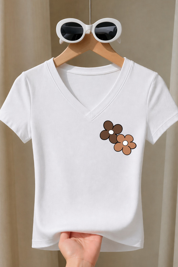 Women's Brown Heart Printed Basic Daily Use V-Neck Slim Fit Lycra T-Shirt