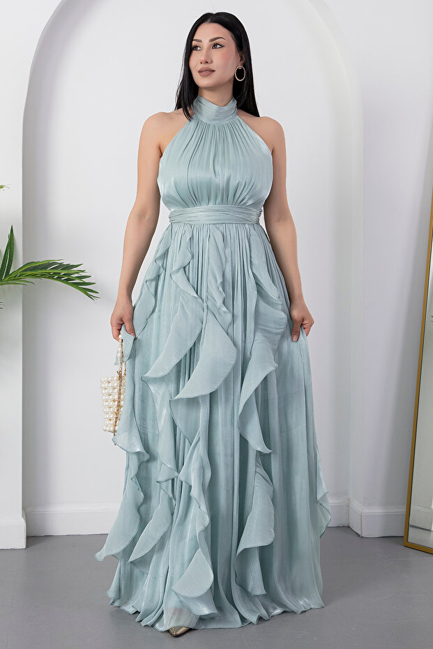 Halter Neck Ruffled Satin Dress Eli̇6073