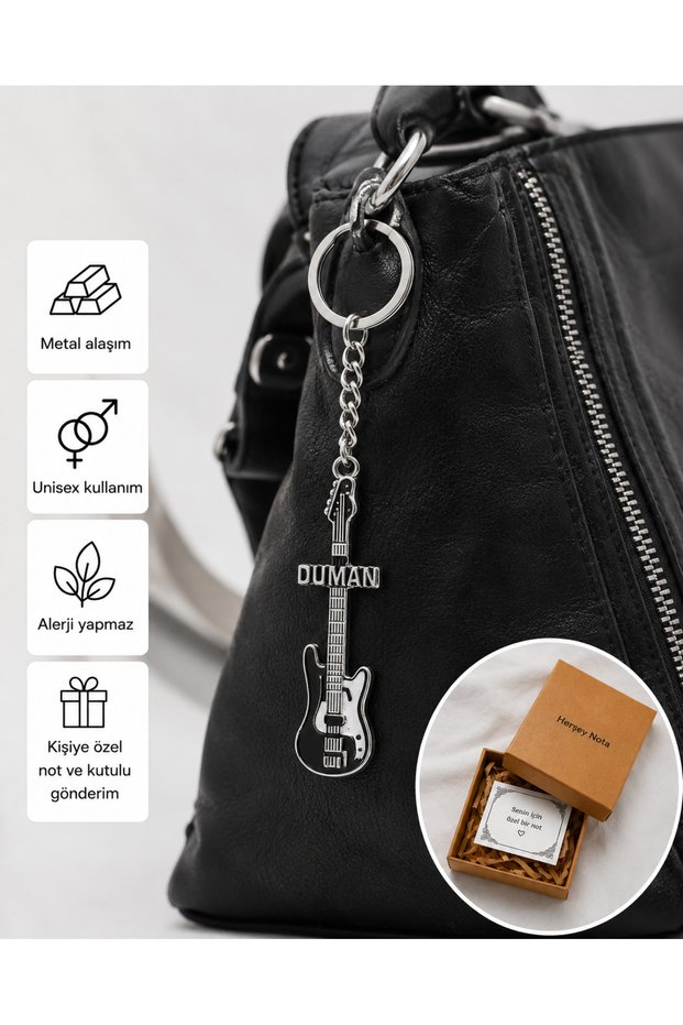 Duman Guitar Design Unisex Keychain – Metal Look Bag and Key Accessory