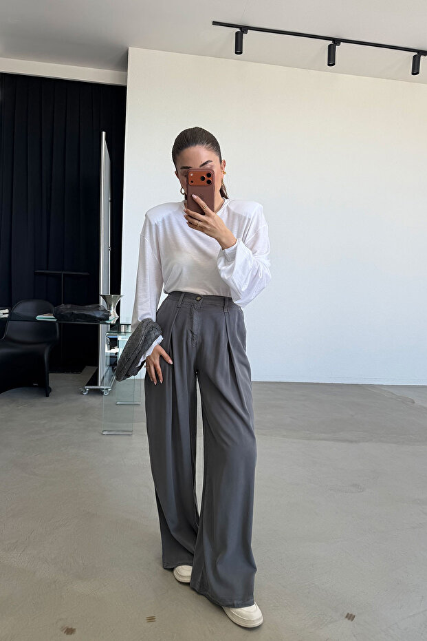 Wide Fit Pants with Elastic Waistband