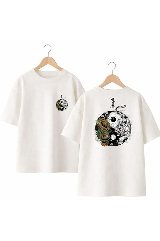 Tiger Dragon Printed on the Back and Front Chest, 100% Cotton Oversize Loose Regular Fit Crew Neck T-Shirt