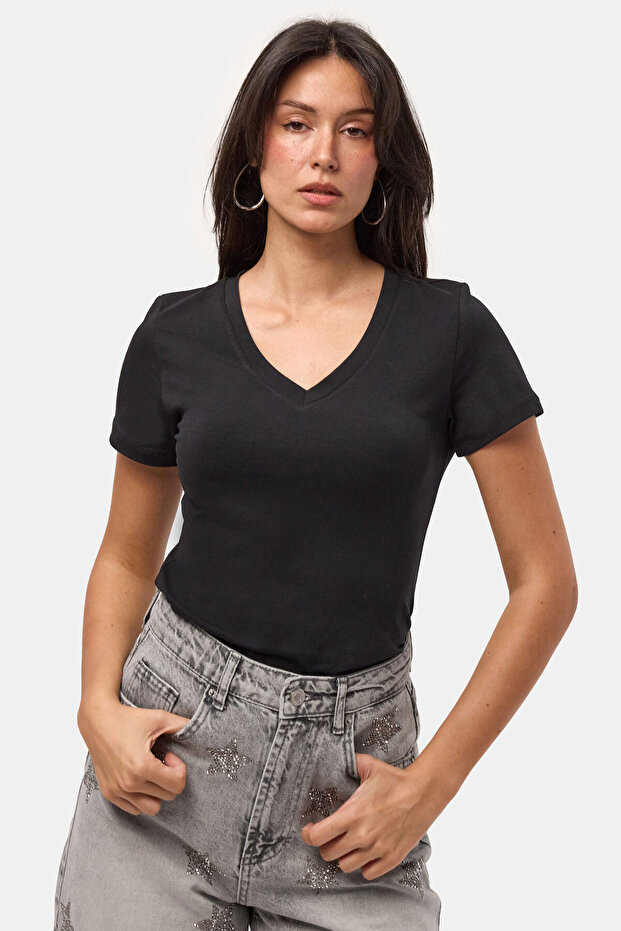 Women's Black S6-1 V-Neck 100% Organic Cotton Stretch Fabric T-Shirt