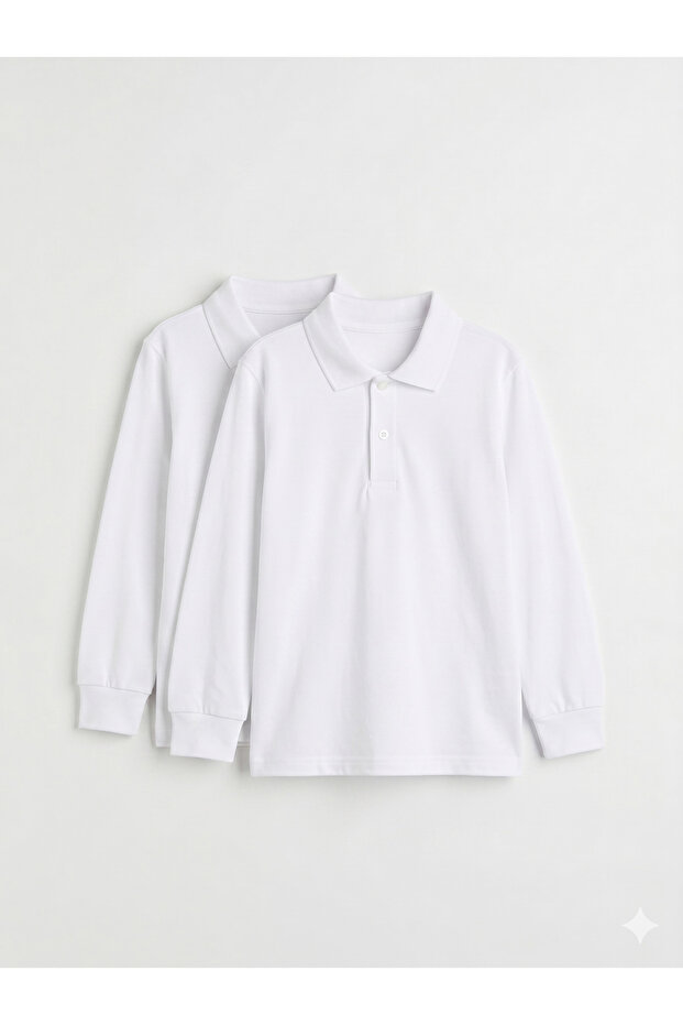 2-Pack Cotton Polo Long Sleeve School T-Shirts - White