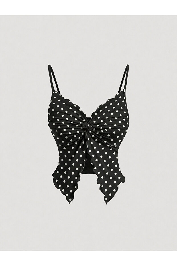 Polka Dot Patterned Front Twist Thin Strap Summer Alaçatı Crop Top