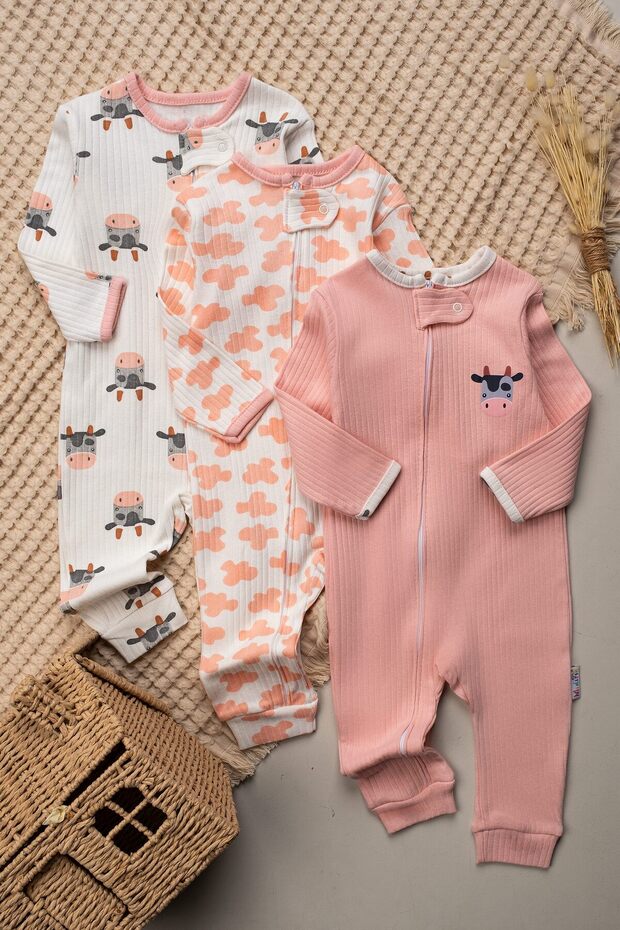 100% Cotton Baby Girl 3-Piece Jumpsuit Set Without Booties, Cow Pattern