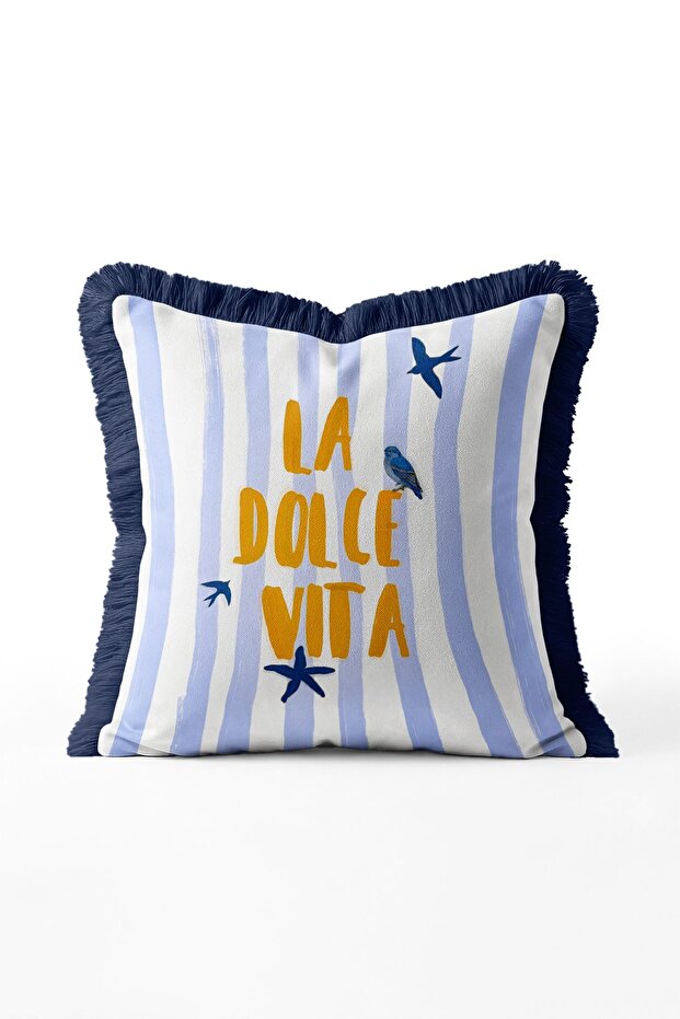 La Dolce Vita Written Striped Fringed Throw Pillow Cover - Navy Blue Tasseled Marine Themed Pillowcase