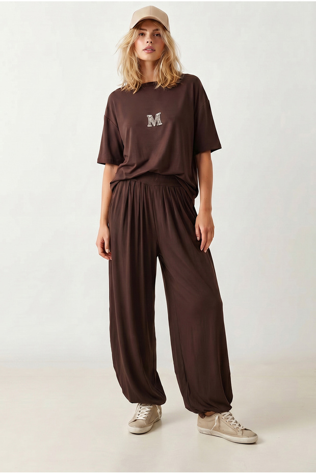 Women's Brown m Detailed Blouse Shalwar Trousers Viscose Set Tkm-19000503