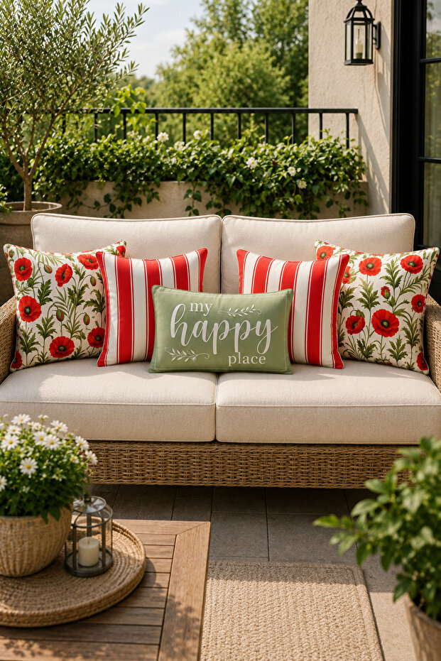 Poppy Flowered Red Striped 5-Piece Throw Pillow Cover Set
