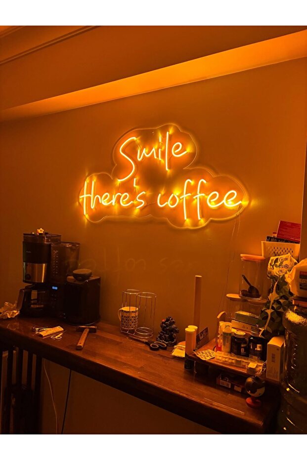 Smile Coffee LED Neon Tablo | Kafe Mutfak Duvar Dekoru | Pleksi Işıklı Yazı Tablosu 100x50 - 1