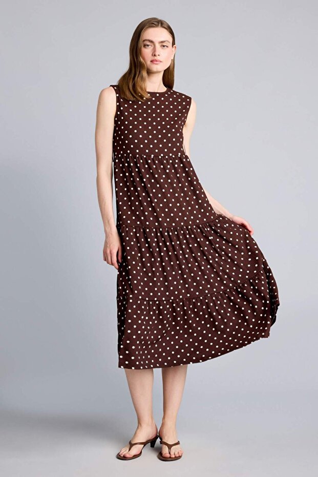 Crew Neck Polka Dot Sleeveless Midi Dress H9904Ax26Sm