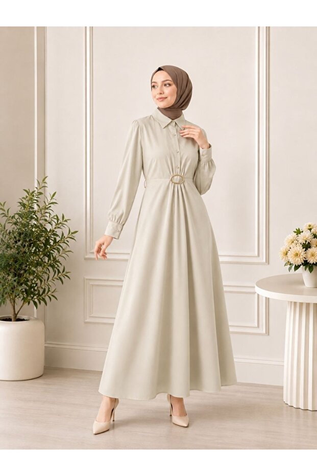 Modest Shirt Dress with Gold Buckle