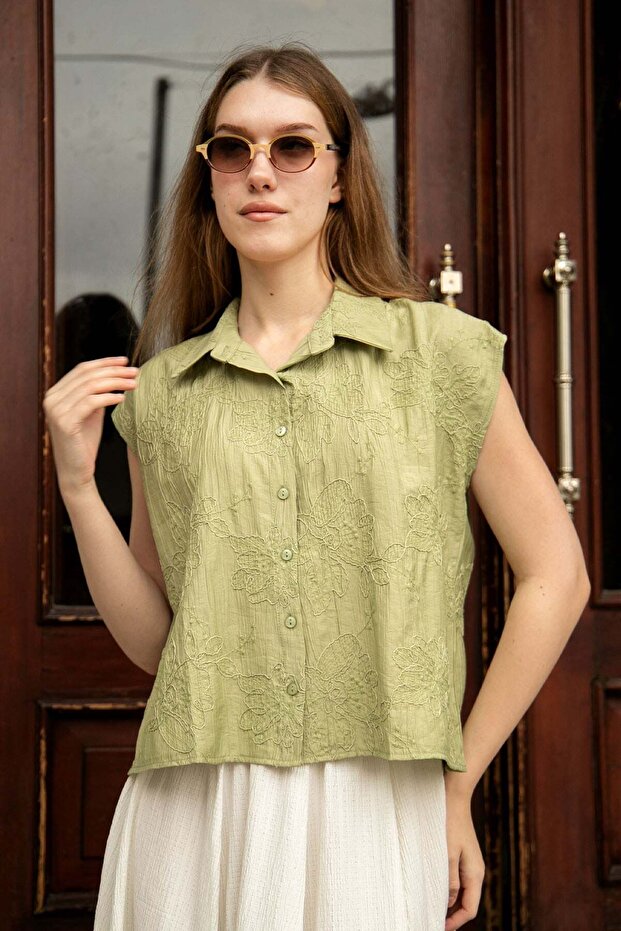 Women's Embroidered Collared Off-Shoulder Loose Shirt - Olive Green