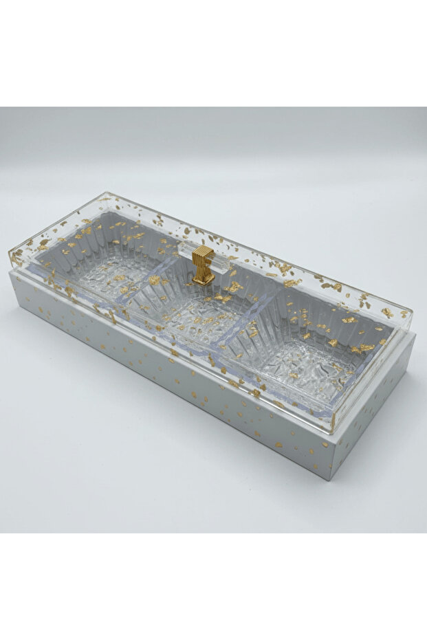 3-Piece Crystal Acrylic Candy Bowl Set | White Wooden Tray & Gold Flake Lid | 36×13 cm
