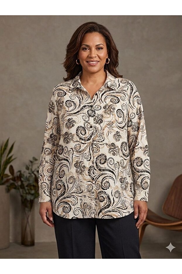 Button Detail Patterned Plus Size Shirt, 100% Cotton