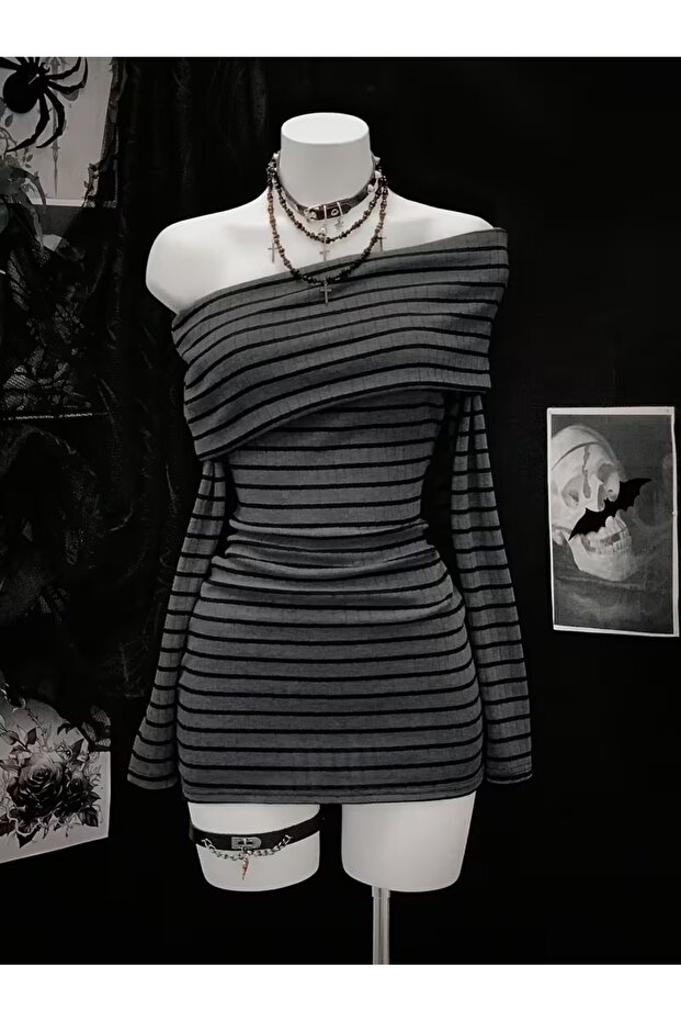 Anthracite Black Striped Off-Shoulder Long Sleeve Bodycon Dress