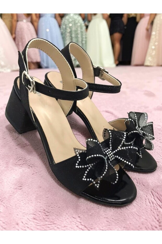 Young Girls' Ankle-Tie White Bow Evening Dress Heeled Shoes