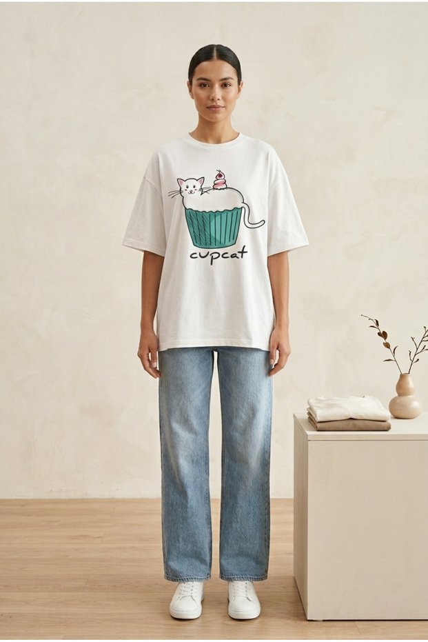 Women's White Cupcat Printed Oversize T-Shirt Cute Cat Patterned Cotton Loose T-Shirt