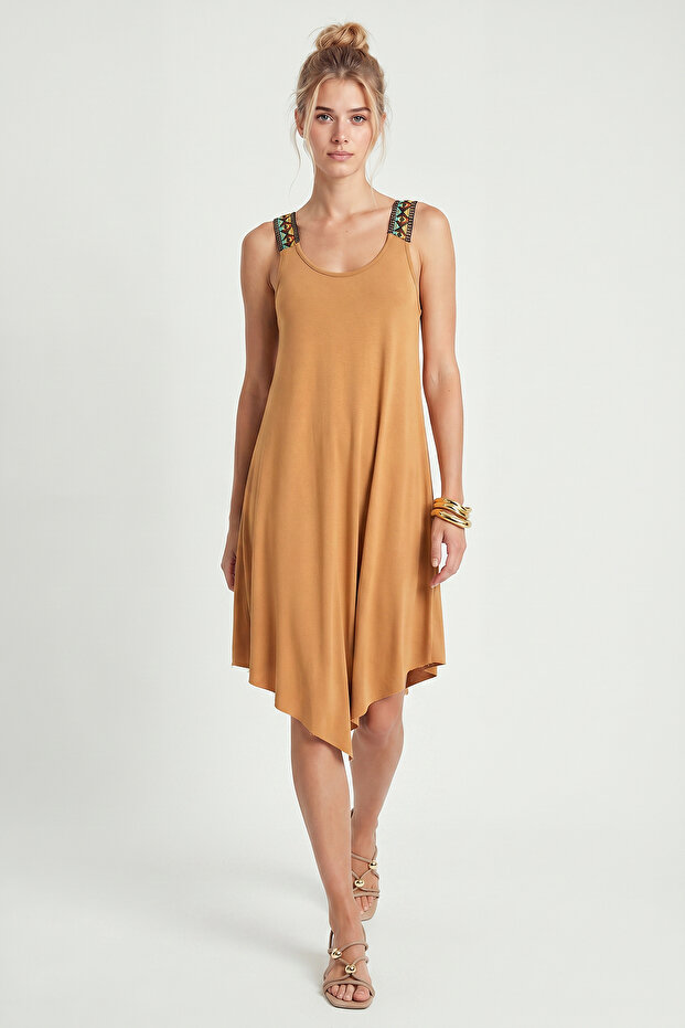 Ethnic Patterned Asymmetrical Viscose Dress Lrn0047 Biscuit