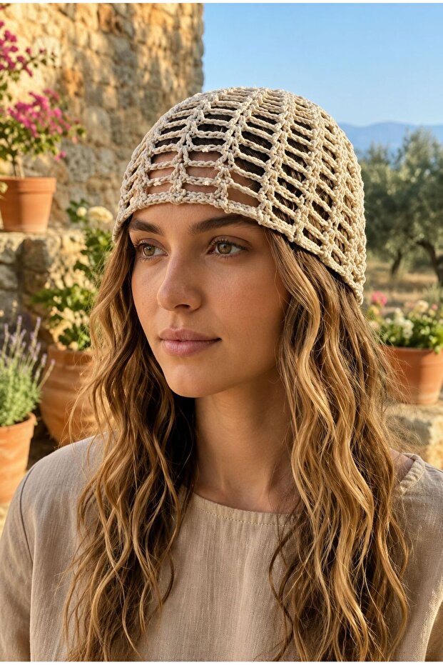 Bohemian Mesh/Cage Motif Sequined Hand Knitted Summer Beanie