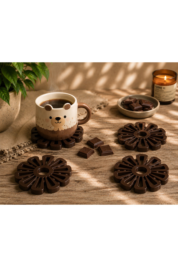 Design Brown Flower Coaster Set (4 Pieces)
