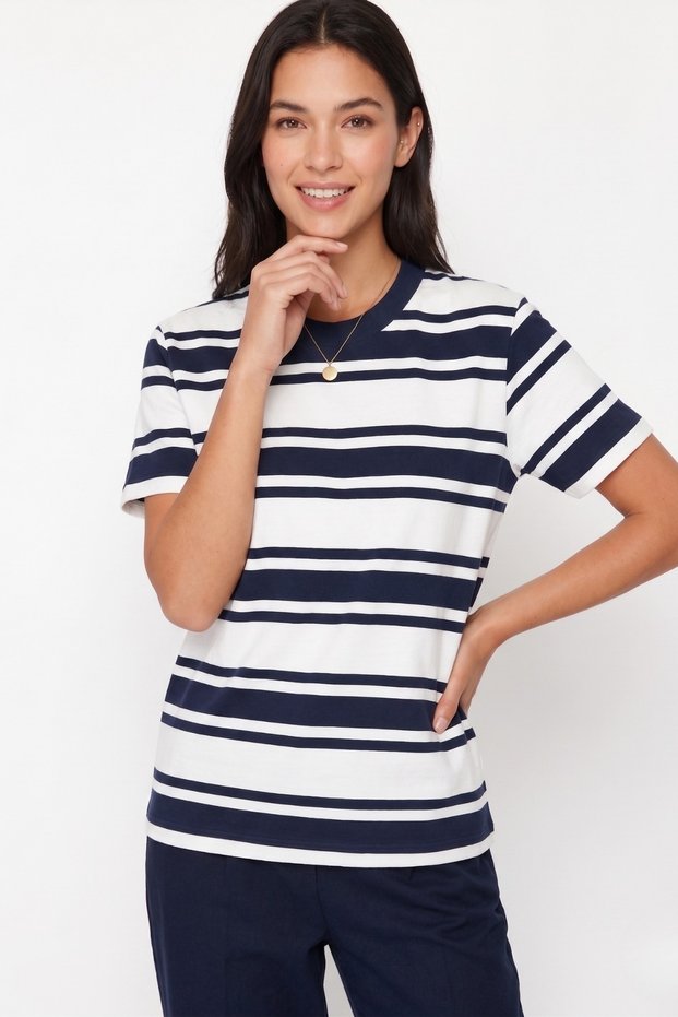 Women's Navy Blue Striped Crew Neck Short Sleeve 100% Cotton Regular Fit T-Shirt