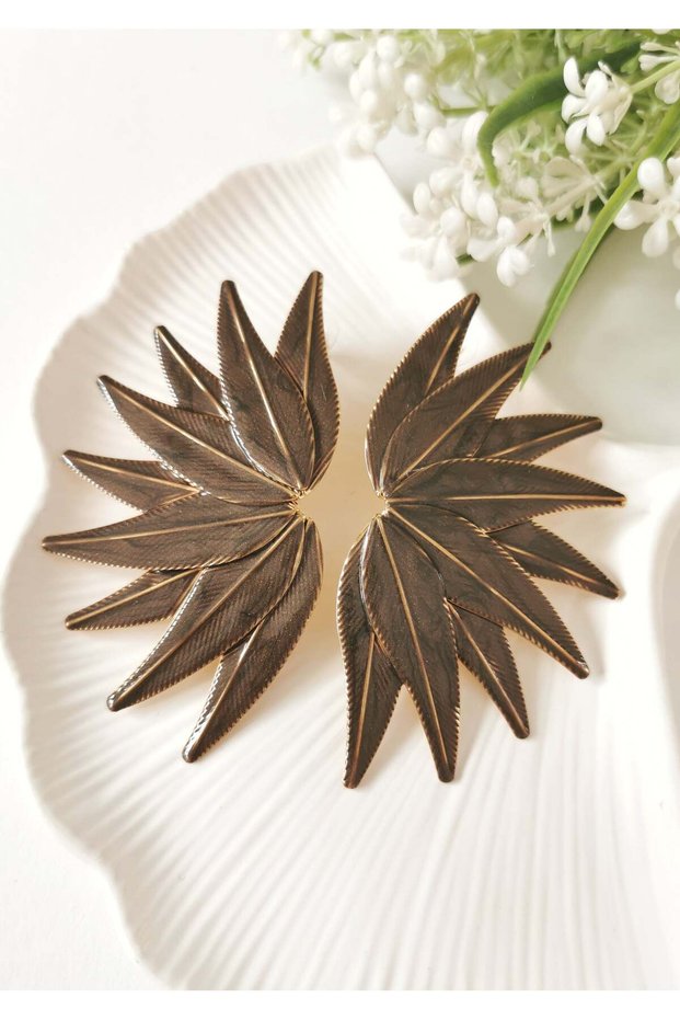 Milk Coffee Palmira Leaf Form Steel Earrings 5X8,5 cm