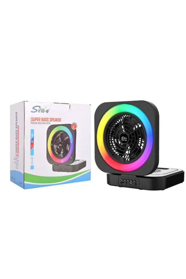 مكبر صوت بلوتوث محمول 3 في 1 مع إضاءة LED RGB ومروحة صغيرة قابلة لإعادة الشحن عبر USB