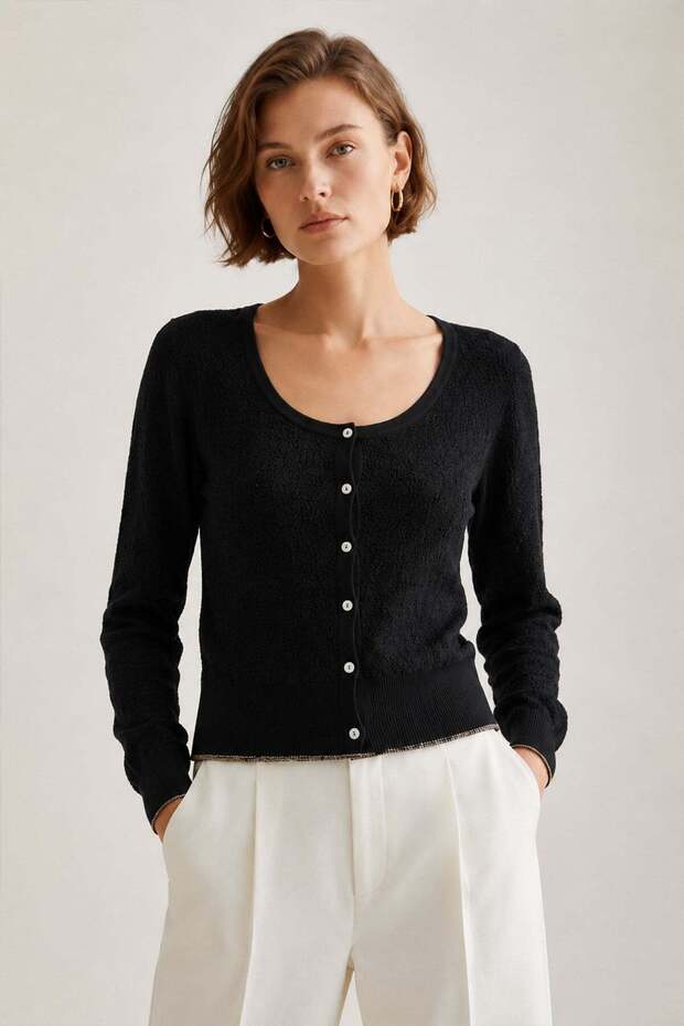 Black Round Neck 100% Organic Cotton Women's Knitwear Cardigan