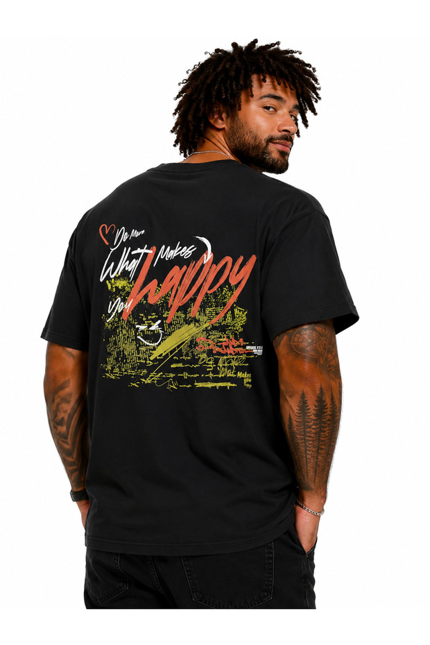 Men's Large Size Crew Neck T-Shirt Happy 26149 Black
