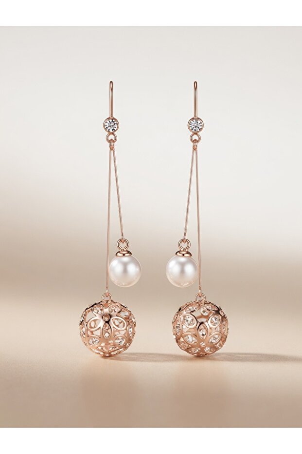 Rose Gold Pearl Effect Lace Sphere Caged Long Earrings Large Size Statement Jewelry for Special Occasions