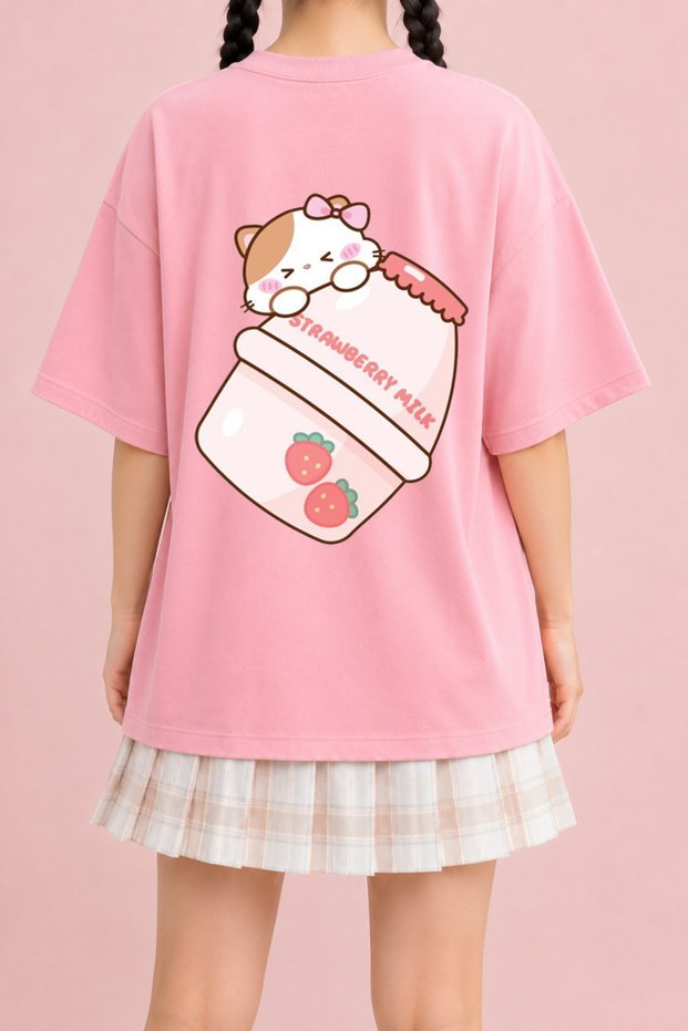 Women's Strawberry Milk Cat Printed Oversize Crew Neck Cotton Casual Combed Cotton T-Shirt