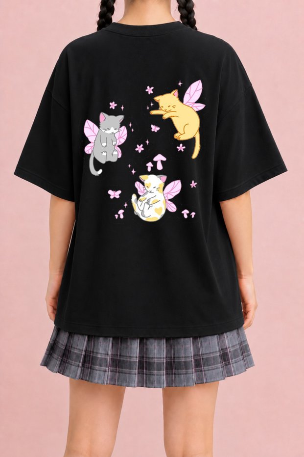 Women's Cat Fairy Printed Oversize Crew Neck Cotton Casual Combed Cotton T-Shirt