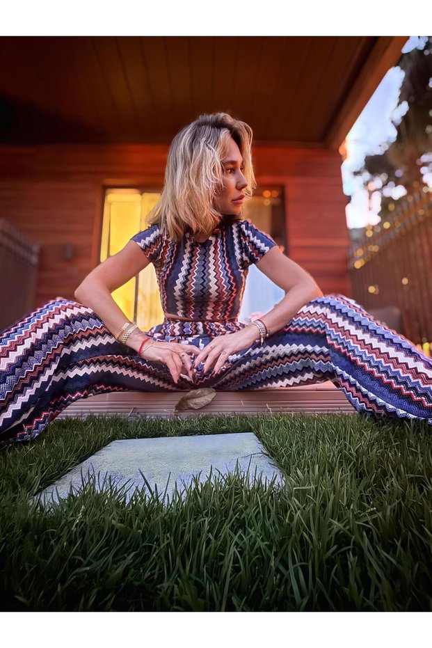 Women's Navy Blue Ethnic Patterned Crop Blouse and Wide Leg Pants Bottom Top Set