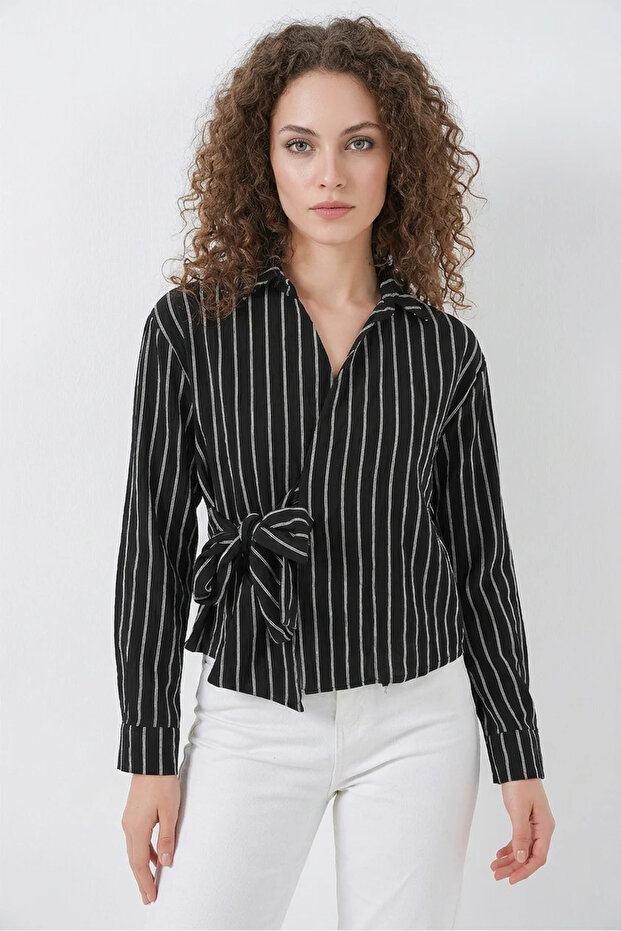Women's Belted Striped Black Shirt with Tie Front